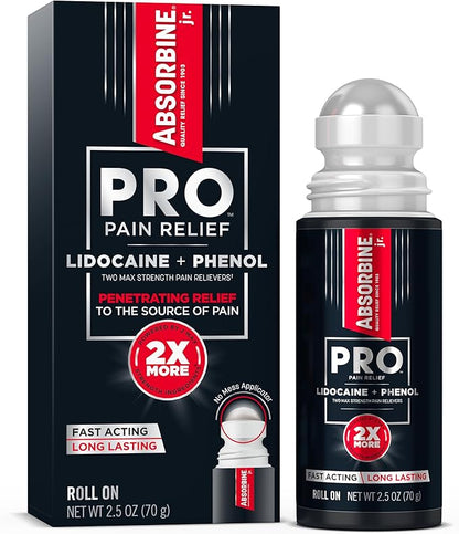 ABSORBINE JR. Pro Maximum-Strength Lidocaine Roll-On, Fast-Acting Nerve, Joint, & Muscle Pain Relief, No-Mess, Non-Greasy Formula, 4% Lidocaine with Phenol, 2.5 oz, (Pack of 1)