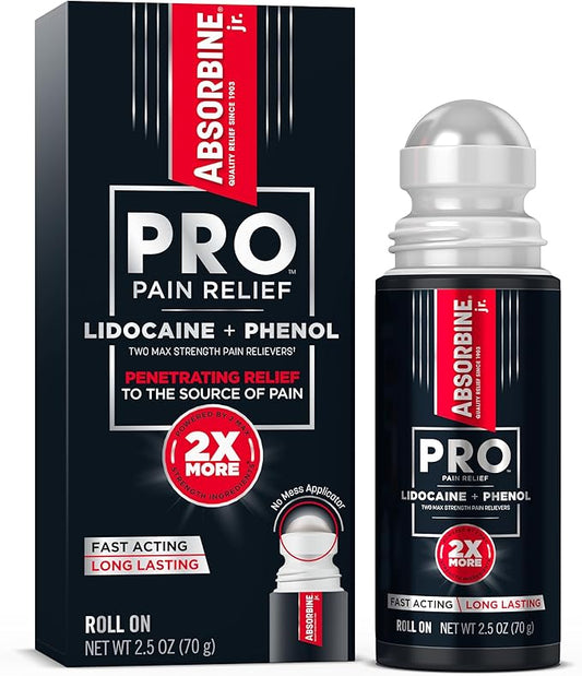 ABSORBINE JR. Pro Maximum-Strength Lidocaine Roll-On, Fast-Acting Nerve, Joint, & Muscle Pain Relief, No-Mess, Non-Greasy Formula, 4% Lidocaine with Phenol, 2.5 oz, (Pack of 1)