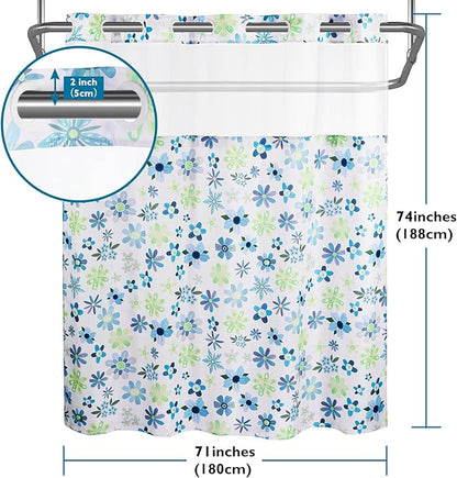 Lagute SnapHook Hook Free Fabric Floral Shower Curtain for Modern Bathroom with Snap-in Liner & See Through Top Window, Machine Washable | Hotel Grade, 71Wx74L, Green Daisy