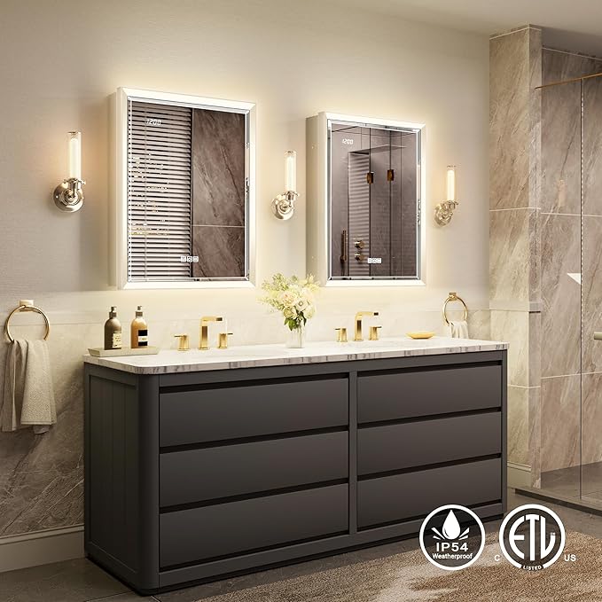 20x26 Lighted Medicine Cabinet with Beveled Mirror & Clock, Surface or Recessed Mirrored Medicine Cabinet with Dimmable Light Anti-fog, Built-in Sensing Light & Outlet, Soft-Close Right Hinge