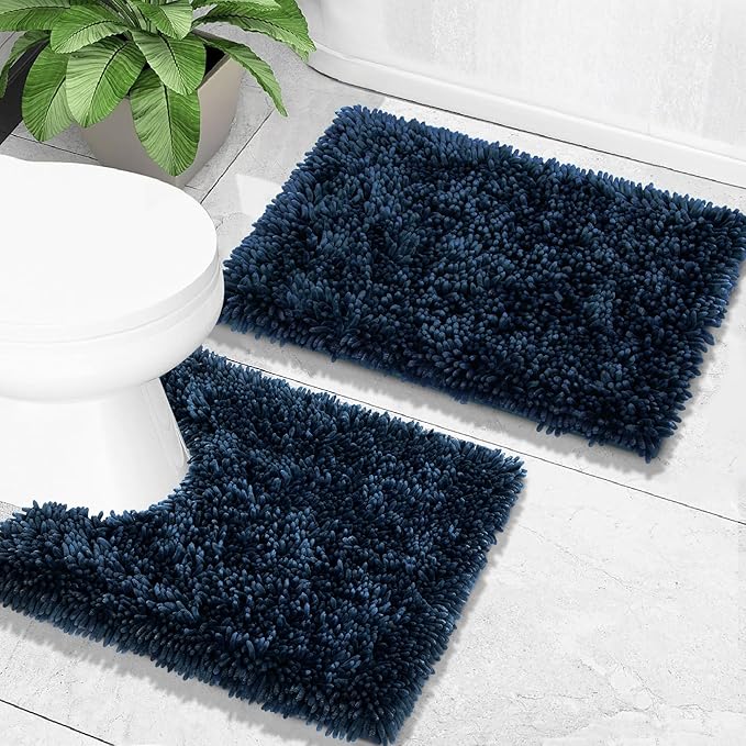 Yimobra Toilet Rugs U Shaped Washable, Extra Thick Soft Absorbent Chenille Contour Bathroom Rugs for Toilet 24x24 Inch, Quick Dry Non Slip Toilet Mat for Bath Floor, Navy Blue