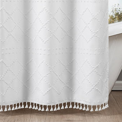 ROSERY No Hook Shower Curtain with Snap in Fabric Liner Set, Boho Farmhouse Jacquard Tufted Geometric Striped Shower Curtain for Bathroom with Tassel, Trellis Pattern, 71" W x 74" L