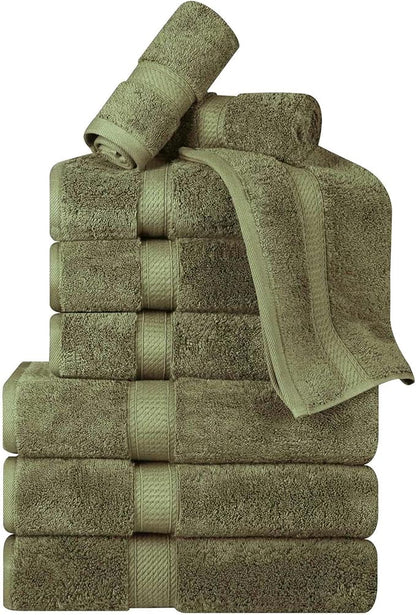 Superior Egyptian Cotton Pile 9 Piece Towel Set, Includes 3 Bath, 3 Hand, 3 Face Towels/Washcloths, Ultra Soft Luxury Towels, Thick Plush Essentials, Guest Bath, Spa, Hotel Bathroom, Forest Green