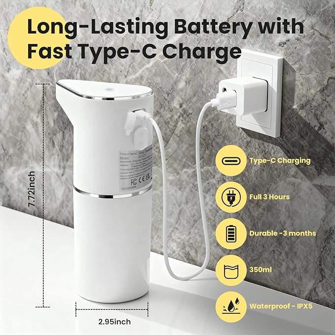 Automatic Foaming Soap Dispenser, 13oz/350ml White Touchless Foam Hand Soap Dispenser with 3 Foam Levels，Wall-Mounted & Countertop Design Type-C Rechargeable for Kitchen Bathroom