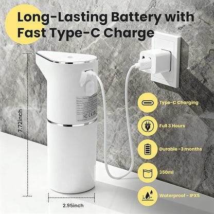 Automatic Foaming Soap Dispenser, 13oz/350ml White Touchless Foam Hand Soap Dispenser with 3 Foam Levels，Wall-Mounted & Countertop Design Type-C Rechargeable for Kitchen Bathroom