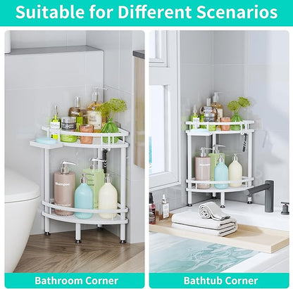 HapiRm Standing Corner Shower Caddy - 2 Tier Shower Organizer Corner with Soap Holder and 4 Hooks, Rustproof Bathroom Storage Shelves with Adhesives, White