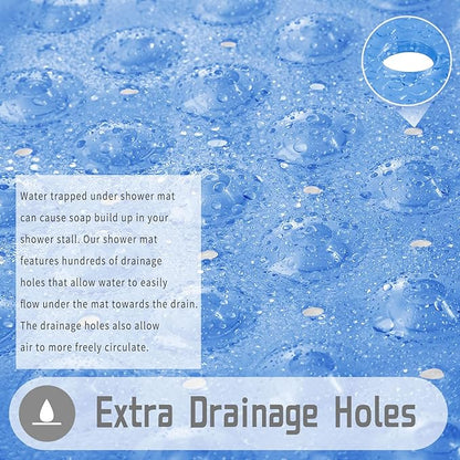 Yimobra Shower Stall Mat Non Slip, 21x21 Inch, Soft Square Bath Mat for Shower with Suction Cups and Drain Holes, Stall Floor Mats for Bathroom, Machine Washable, Bathroom Accessories, Clear Blue