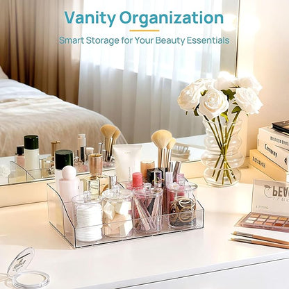 Vtopmart 6 PCS Bathroom Countertop Organizer, 1 Divided Tray with 4 Qtip Holder Jars and 1 Drawers, Restroom Clear Organizers for Toothbrush, Cotton Pads, Vanity Accessories Storage Set