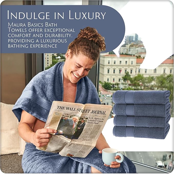 MAURA Basics Performance Bath Towels 100% Turkish Cotton with Hook Loops. Extra Large Luxury Absorbent Plush Towel Sets for Bathroom, Daily Use American Standard Size 27”x54”, Denim Blue