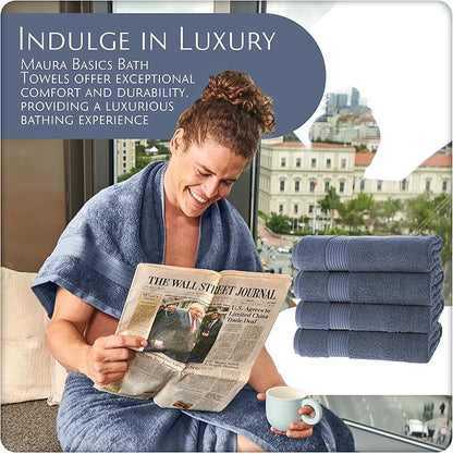 MAURA Basics Performance Bath Towels 100% Turkish Cotton with Hook Loops. Extra Large Luxury Absorbent Plush Towel Sets for Bathroom, Daily Use American Standard Size 27”x54”, Denim Blue