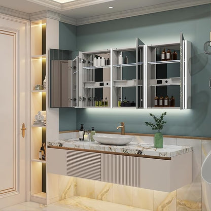 WELLFOR 60" x 30" LED Mirrored Bathroom Cabinet, Mirror Medicine Cabinet with Lights, Defogging LED Mirror Cabinet with Outlets & USB Ports, Surface Mounted, Three Doors, Hardwired Connected