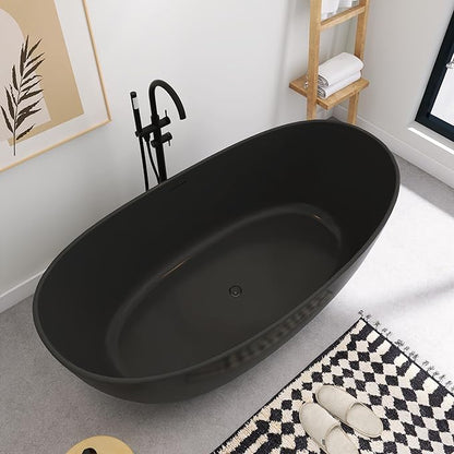 SJ STAR&JANE 65" Solid Surface Freestanding Bathtub Stone Resin Soaking Tub Matte Black Double Slippers Stand Alone Oval Tub with Pop-up Drain and Overflow for Bathroom