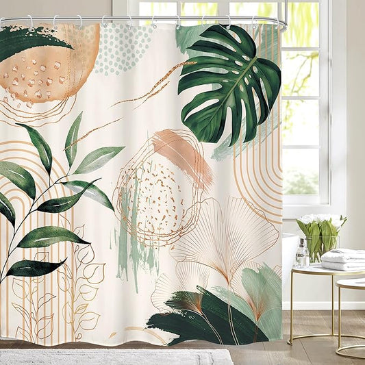 Boho Shower Curtain 72Wx72H Modern Bohemian Abstract Tropical Green Leaves Plant Palm Mid Century Botanical Minimalist Bathroom Decor Geometric Arch Bath Curtain Fabric Polyester 12 Pack Hook