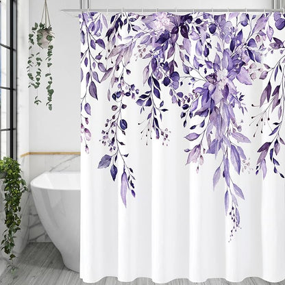 Gibelle Extra Long Shower Curtain 72 x 84, Purple Floral Shower Curtain for Bathroom, Watercolor Plant Eucalyptus Leaves Fabric Shower Curtain Set