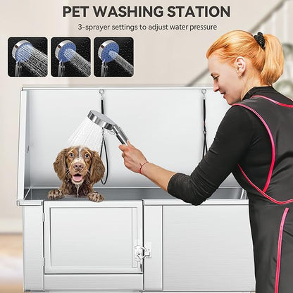 YITAHOME 50in Dog Bathing Station, Professional Stainless Steel 304 Dog Bathtub, Pet Grooming Tub w/Left Ramp, Floor Grate, Faucet, Pet Washing Station for Large, Medium, Small Pets, Indoor, Outdoor