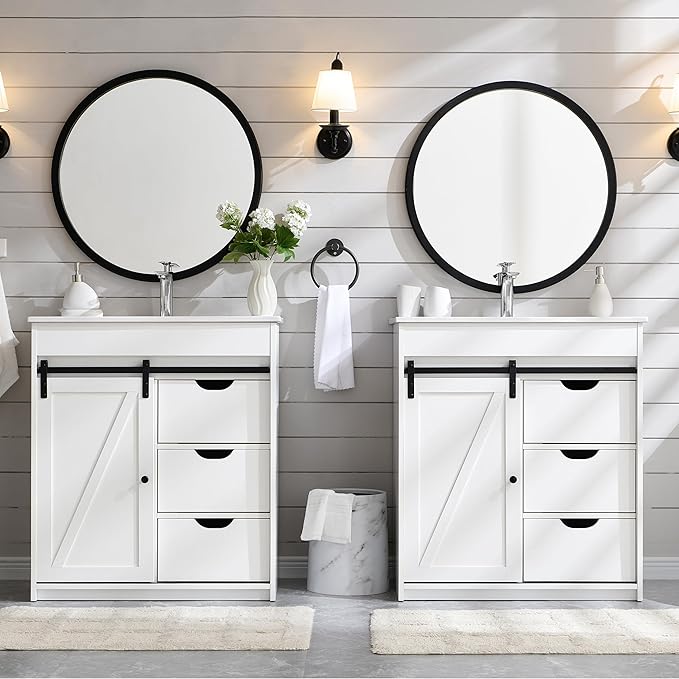30" Farmhouse Bathroom Vanity with Sink, Freestanding Bathroom Storage Vanity Cabinet w/Sliding Barn Door, 3 Drawers & Adjustable Shelves, Metal Handle, White