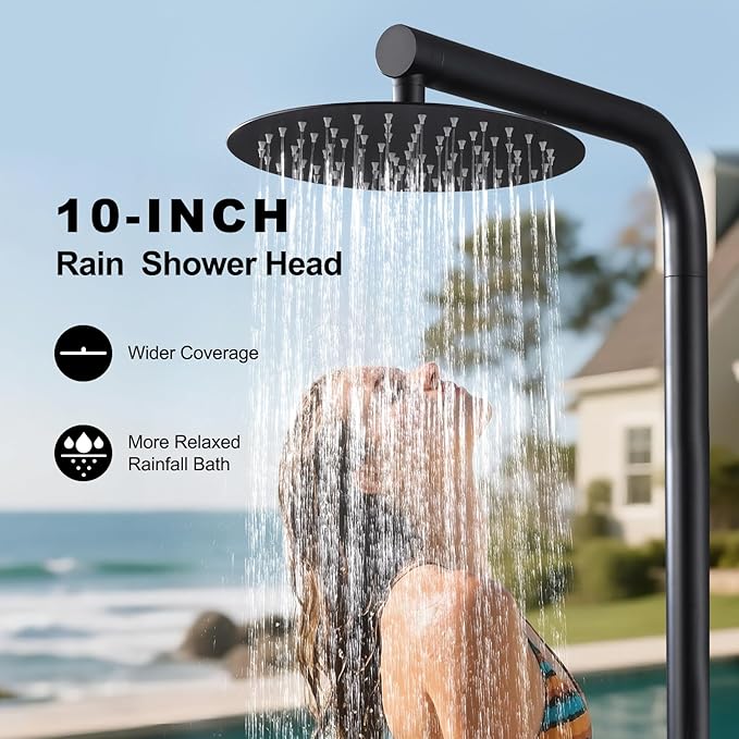RBROHANT Freestanding Outdoor Shower Black, 316 Marine Grade Stainless Steel Beach Shower, Free Standing Hot and Cold Water Pool Shower with 10’’ Rain Shower Head and Wand, Matte Black, Floor Mounted