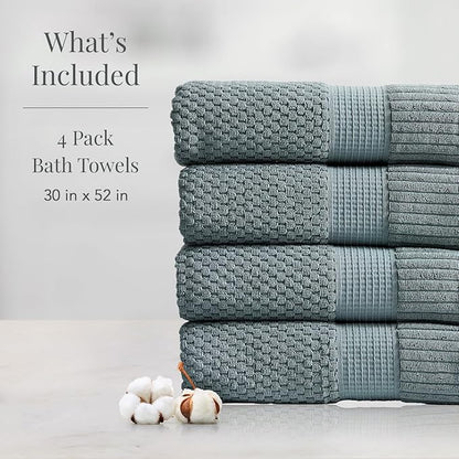 NY Loft 100% Cotton Bath Towel 4 Pack | Super Soft & Absorbent Quick-Dry Bath Towels 30" x 52" | Textured and Durable Cotton | Premium Thick Towels | 4 Pack Bath Towel - Stormy Sea