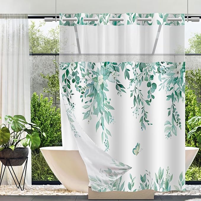 No Hook Shower Curtain and Liner Set, Teal Eucalyptus Floral Shower Curtains for Bathroom, Bath Curtain Sets with Snap in Liner, Waterproof with See Through Top Window, 71x84 Inches