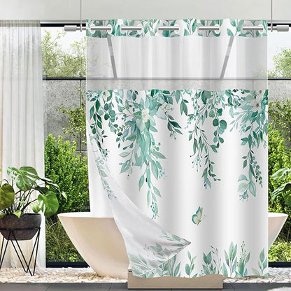 No Hook Shower Curtain and Liner Set, Teal Eucalyptus Floral Shower Curtains for Bathroom, Bath Curtain Sets with Snap in Liner, Waterproof with See Through Top Window, 71x77 Inches