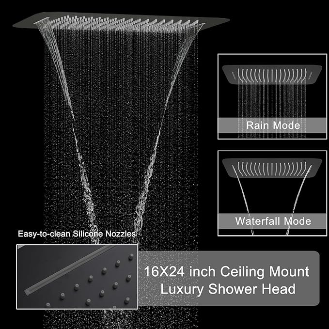 Matte Black Shower System with 6 PCS Body Jet, 16X24 inch Ceiling Mount Showerhead and Handheld Spray, Digital Temperature Display 4 Function Shower Faucet Set