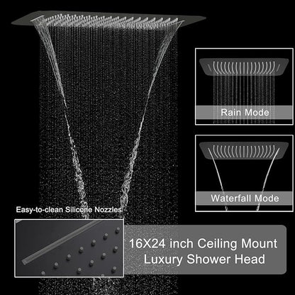 Matte Black Shower System with 6 PCS Body Jet, 16X24 inch Ceiling Mount Showerhead and Handheld Spray, Digital Temperature Display 4 Function Shower Faucet Set