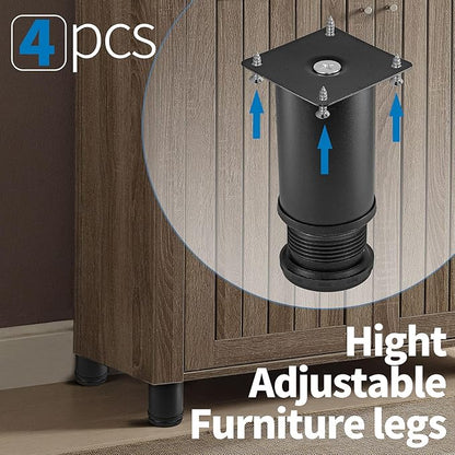 4 Inch Metal Furniture Legs Stainless Steel Adjustable Legs Black Metal Legs Round Cabinet Legs for Coffee Table Cabinet Desk Sofa Shelves, Pack of 4