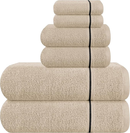 MyOwn Ultra Soft 6 Pack Cotton Towel Set, Contains 2 Bath Towels 28x55 inch, 2 Hand Towels 16x24 inch & 2 Wash Coths 12x12 inch, Ideal Everyday use, Compact & Lightweight - Tan