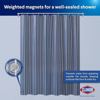 CLOROX Shower Curtain Liner, Premium Striped Medium-Weight Durable Waterproof 6g PEVA for Bathroom with Weighted Magnets, Printed Standard Size 72" x 72", Navy