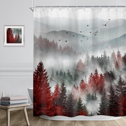 Riyidecor Red Black Mountain Shower Curtain 60Wx72H Inch Nature Woods Scenery Foggy Scenic Landscape Woodland Rustic Landscape Natural Bathroom Decor Fabric Polyester Waterproof 12 Pack Hooks