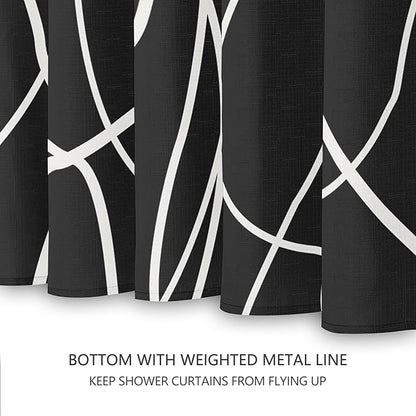 Tititex Morden 140gms Faux Linen Bath Shower Curtain Set Textured Fabric with Black White Curve Pattern 72x72 Inch Water Resistant Bathroom Curtains, Weighted Hem & Hooks for Home/Hotel