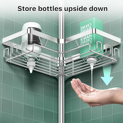 Shower Caddy Tension Pole - Corner Shower Shelves with Soap Holder Bathroom Shower Organizer for Tub (Stainless Steel, Silver, Floor to Ceiling 25-114.2 inch)