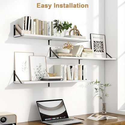 Fun Memories Long Wall Shelves for Bedroom, Set of 3 Large 40-Inch Floating Bookshelves, Rustic Wood Display Shelf for Home and Office (White)
