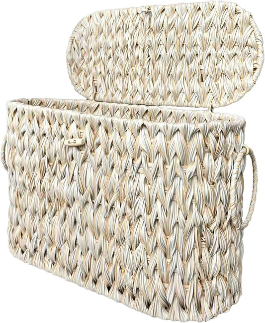 Toilet Paper Basket,Wicker Toilet Paper Storage with Lid,Decorative Boho Wicker Basket for Bathroom,Free Standing-Cream White