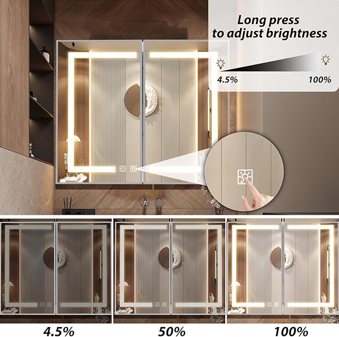 APRILSOUL 40X32 Inch Silver Bathroom Medicine Cabinet with Mirror, Recessed or Surface Lighted Medicine Cabinet with 3 Colors Temperature, Dimmable Light
