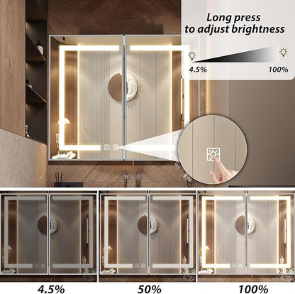 APRILSOUL 40X32 Inch Silver Bathroom Medicine Cabinet with Mirror, Recessed or Surface Lighted Medicine Cabinet with 3 Colors Temperature, Dimmable Light