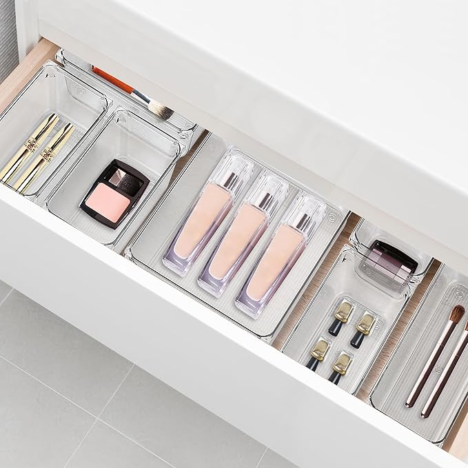 4 Pack Drawer Organizer - 6" X 6" Clear Acrylic Storage Bins with Non-Slip Pads, Versatile Desk Tray for Makeup, Jewelry, Kitchen, Bathroom, and Office Organization