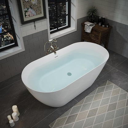 ABRUZZO 60" Acrylic Freestanding Bathtub - Oval Deep Soak Tub, Center Drain & Overflow, cUPC Certified Glossy White