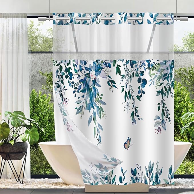 No Hook Shower Curtain and Liner Set, Dark Blue Eucalyptus Floral Shower Curtains for Bathroom, Bath Curtain Sets with Snap in Liner, Waterproof with See Through Top Window, 71x84 Inches