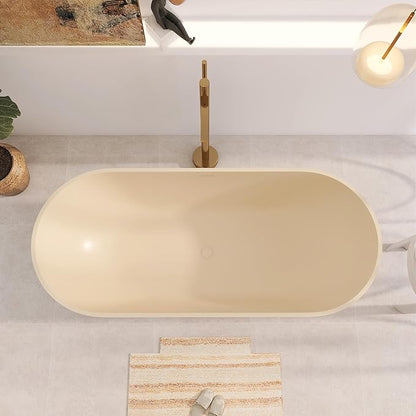 69" Premium Cream Stone Resin Solid Surface Free Standing Bathtub, Unique Matte Milk-Coffee Soaking Tub with Pop-up Drain