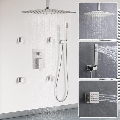 Enga Rain Shower System with Body Jets, 12" Ceiling Rain Shower, All Metal Multiple Shower Head System, Contain Rough-in Shower Valve, Brushed Nickel