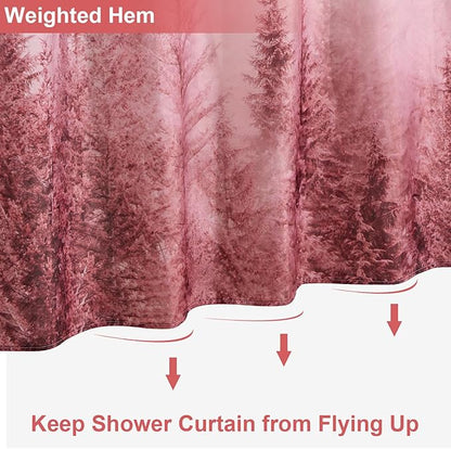 ORTIGIA Pink Shower Curtain with Misty Forest Patten for Bathroom, Nature Woodland Shower Curtain Set with Hooks, Weighted Waterproof Pine Tree Fog Magic Bath Curtain, 72x72