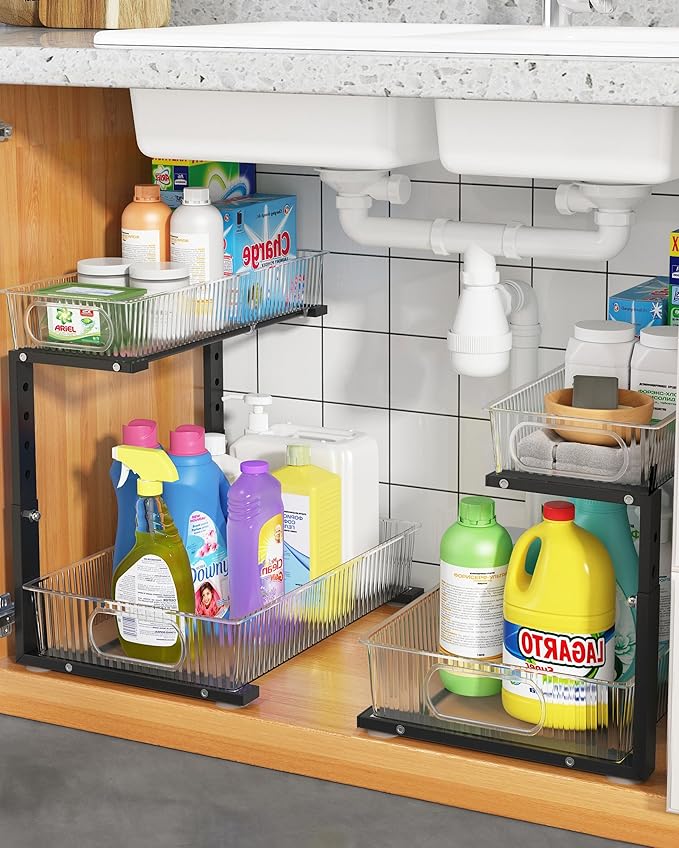 UMDONX Under Sink Organizer 2-Pack Adjustable Bathroom Under Sink Pull-Out Organizer with 5 Adjustable Heights for Kitchen, Bathroom & Laundry Storage