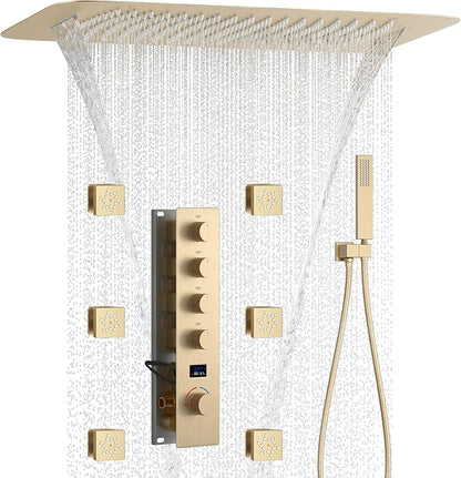Brushed Gold Digital Display Shower System with 16X24 inch Ceiling Mounted Shower Head(Rain&Waterfall Modes), with Handheld Spray and 6 PCS Dual Modes Body Jet