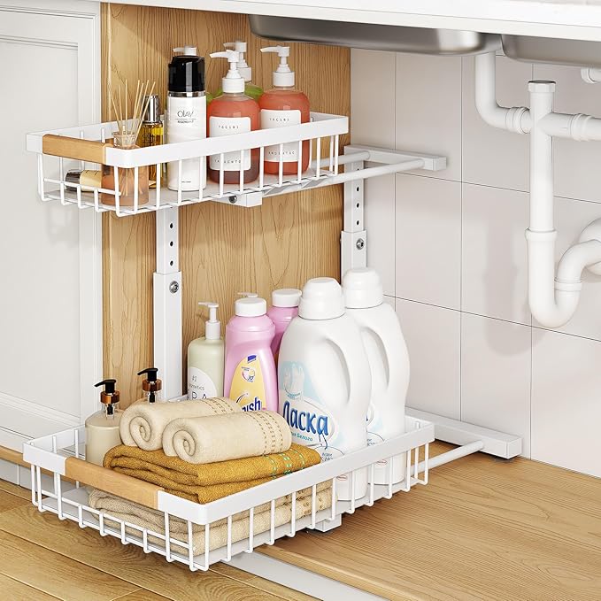 PXRACK 1 Pack Under Sink Organizer,Adjustable Height,2 Tier Pull Out Under Cabinet Organizer,Slide Out Thickened Metal Under Sink Storage for Kitchen Bathroom Laundry Cabinet Pantry,White(S)