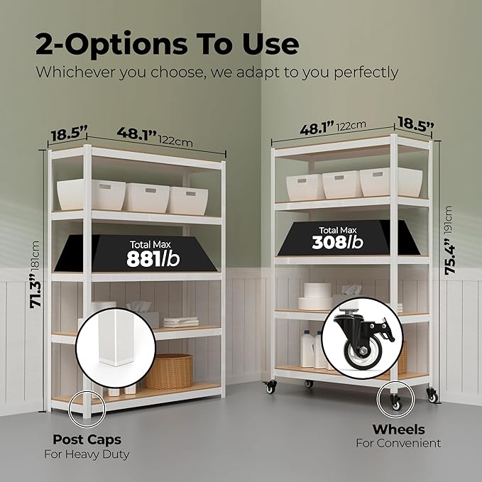 HOMEDANT House 5-Tier Metal Rolling Cart Shelf Rack Casters Heavy Duty Laminated Wheel Shelving Unit Adjustable Utility Storage Shelves Organizer Shelf Kitchen Garage (3, (L) 48.1" W, White)