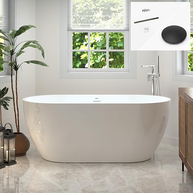 FerdY 59" Bali Acrylic Freestanding Bathtub, Gracefully Shaped Freestanding Soaking Bathtub, cUPC Certified, Toe-Tap Matte Black Drain and Minimalist Linear Design Overflow Included