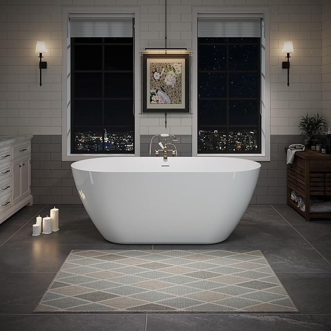 ABRUZZO 55" Acrylic Freestanding Bathtub - Oval Deep Soak Tub, Center Drain & Overflow, cUPC Certified Glossy White