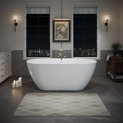ABRUZZO 55" Acrylic Freestanding Bathtub - Oval Deep Soak Tub, Center Drain & Overflow, cUPC Certified Glossy White