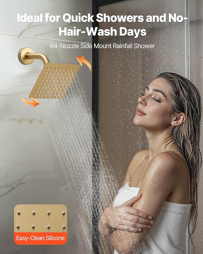 VEVOR Shower Faucet Set, 12 Inch Thermostatic Ceiling Mount Rainfall Shower System with 6 Inch Wall Mount Head and 2 in 1 Handheld Spray, 3-Function Dual Rain Head Brass Valve Trim Kit, Brushed Gold
